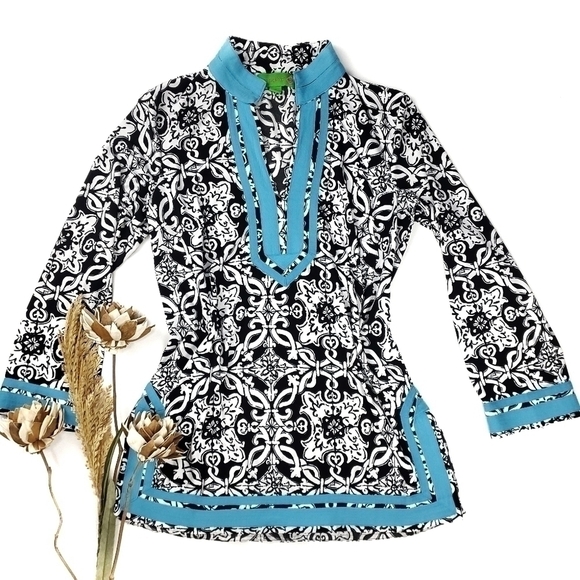Island Republic Blk Wht Blue Boho Tunic Top Med - Picture 15 of 15